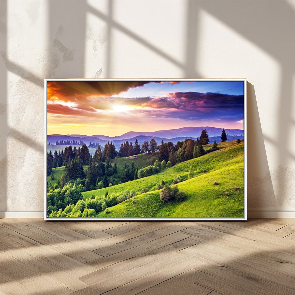 Green Hills and Sunset Wall Art Print - Scenic Landscape
