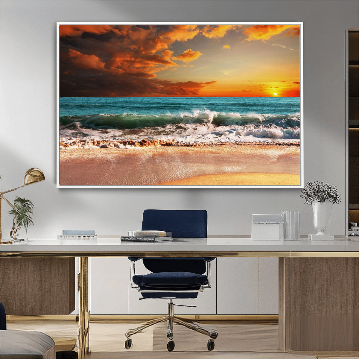 Golden Sunset Beach Canvas Wall Art – Triptych Seascape
