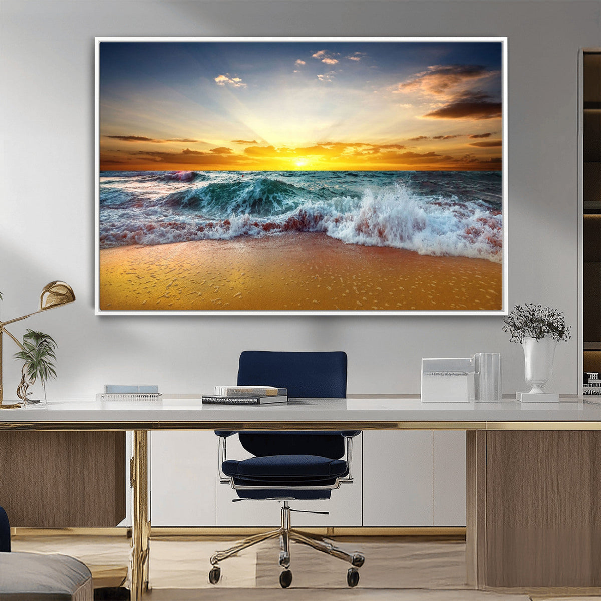 Golden Sunset Ocean Waves Wall Art Canvas Print – Multi