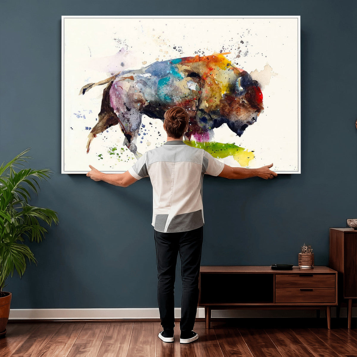 Abstract Buffalo Wall Art, Western Watercolor Bison Canvas