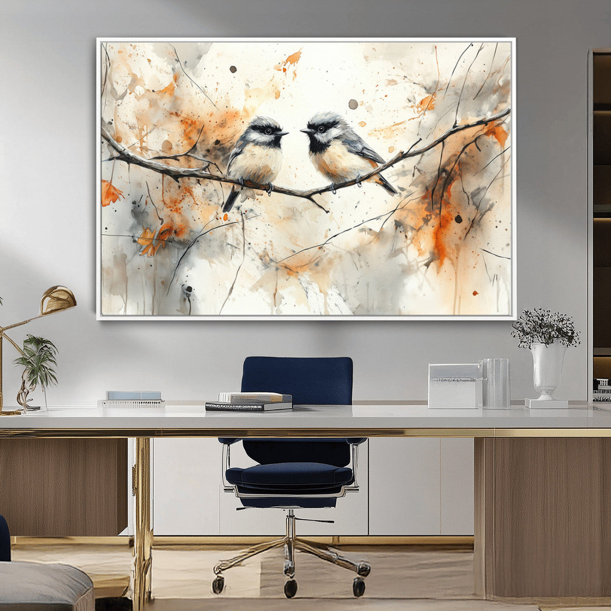 Abstract Watercolor Chickadee Bird Canvas Wall Art Print -