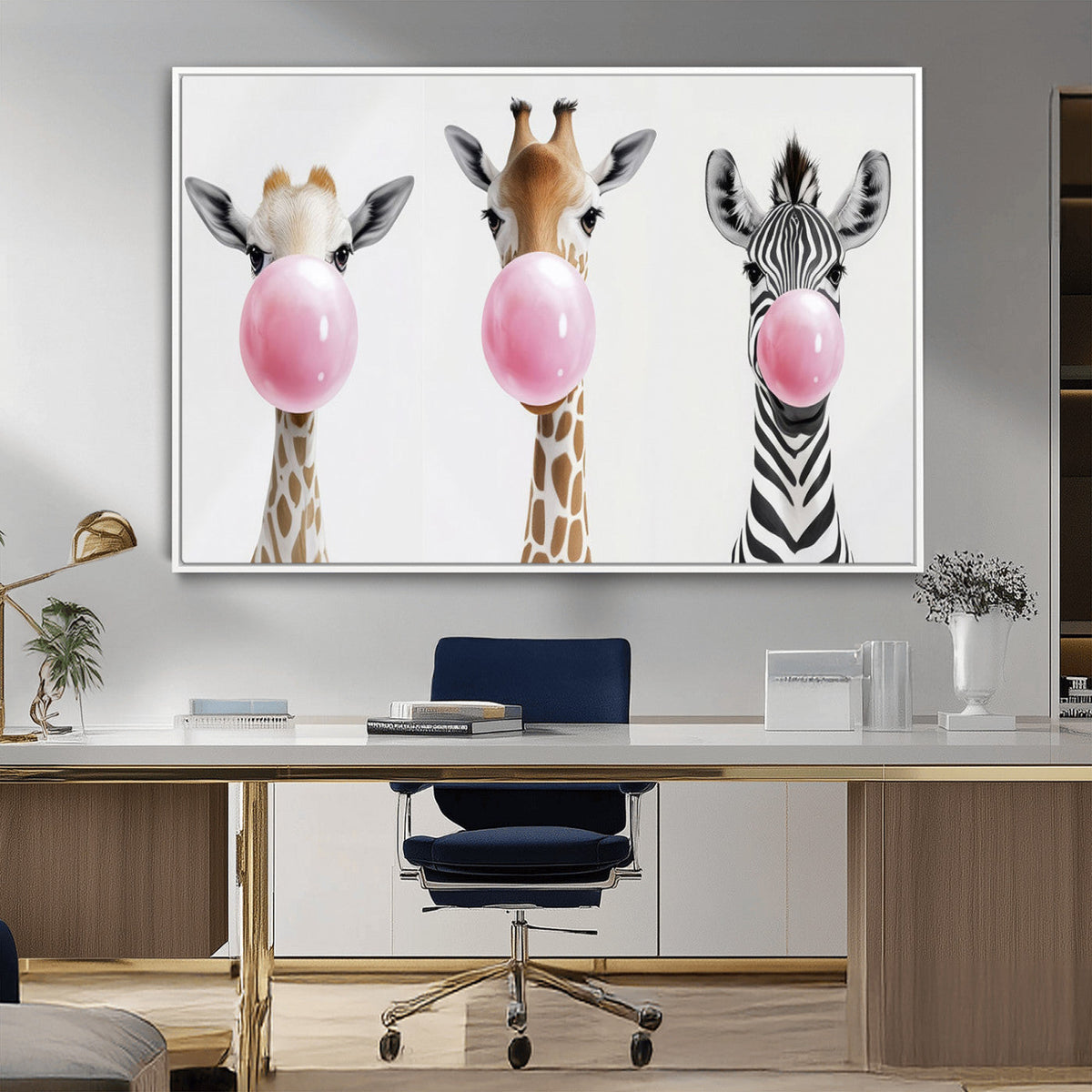 Bubblegum Animals Canvas Wall Art - Playful Giraffe and
