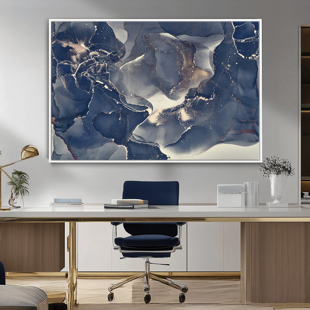 Large Abstract Blue and Gold Canvas Wall Art Fluid Ink