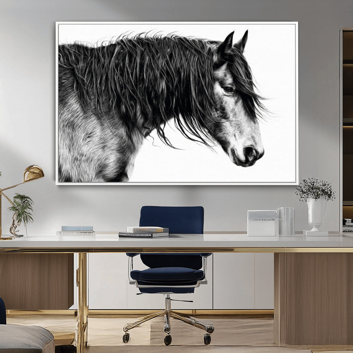 Majestic Horse Wall Art – Framed Black White Portrait Canvas