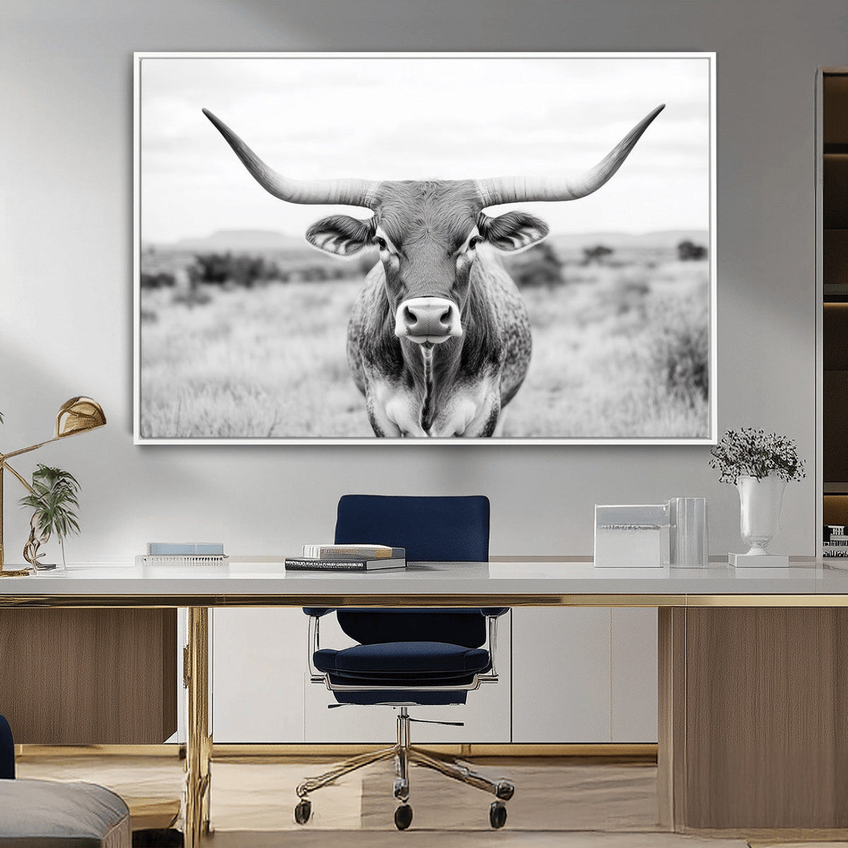 Highland Cow Wall Art Canvas Print – Black and White Western