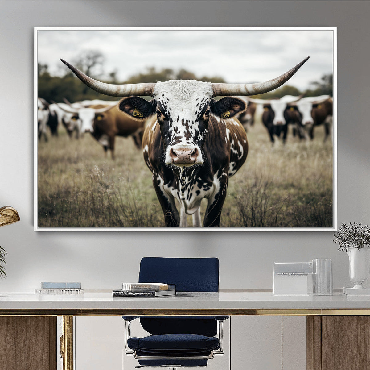 Texas Longhorn Wall Art – Framed Speckled Cow Canvas