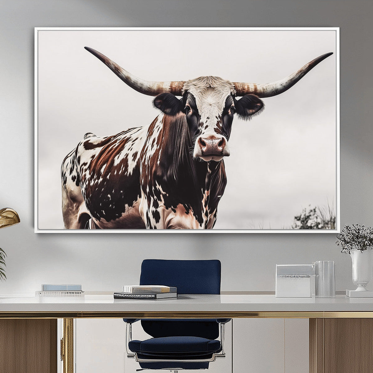 Texas Longhorn Wall Art Canvas Print – Framed Spotted Bull