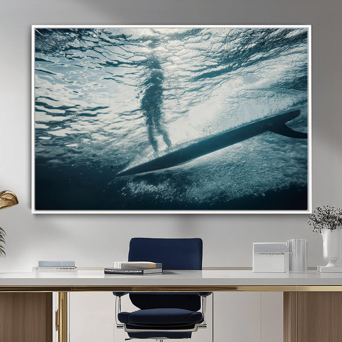 Underwater Surf Wall Art – Framed Ocean Wave Canvas Artwork,