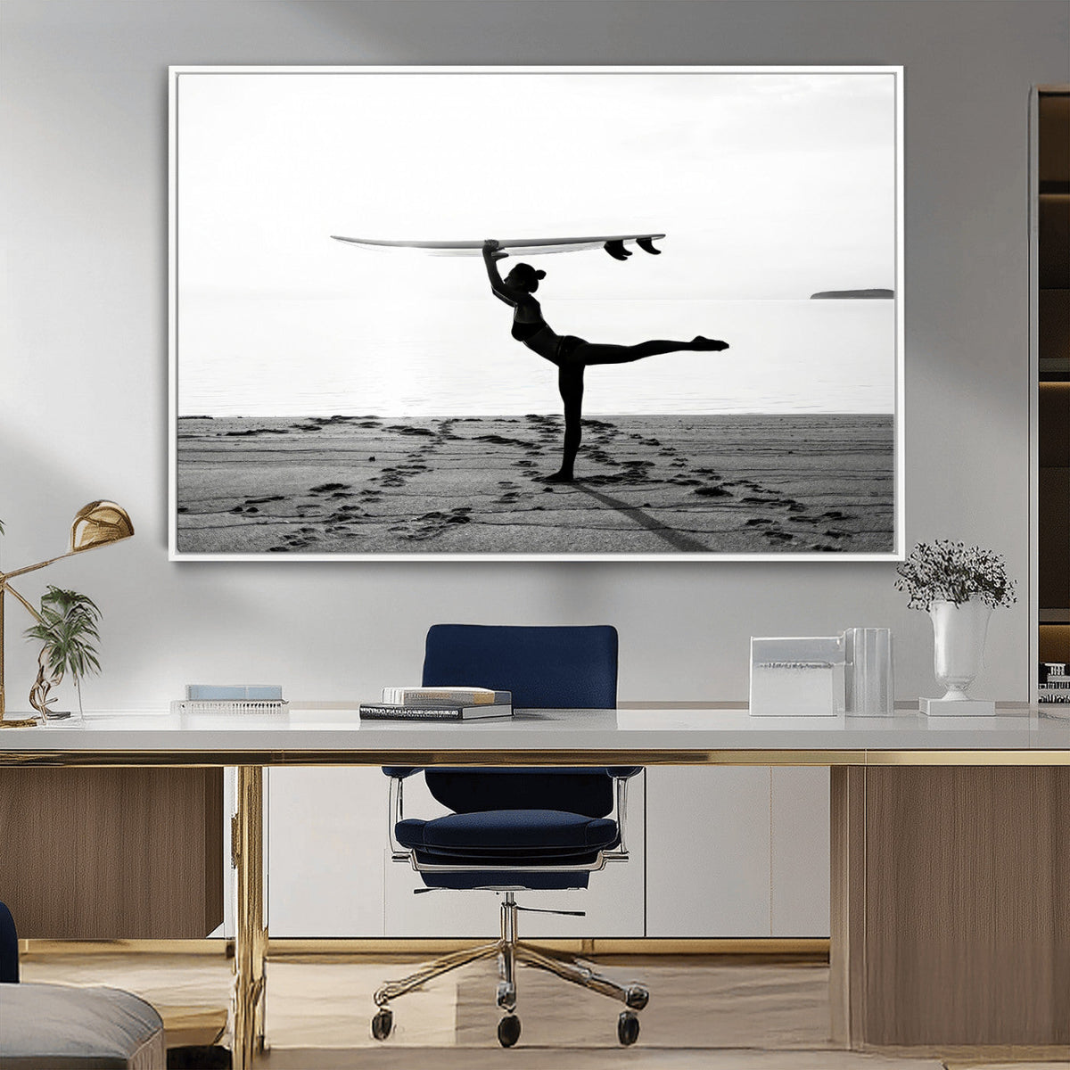 Yoga Surf Wall Art Canvas Print – Framed Black White Shore