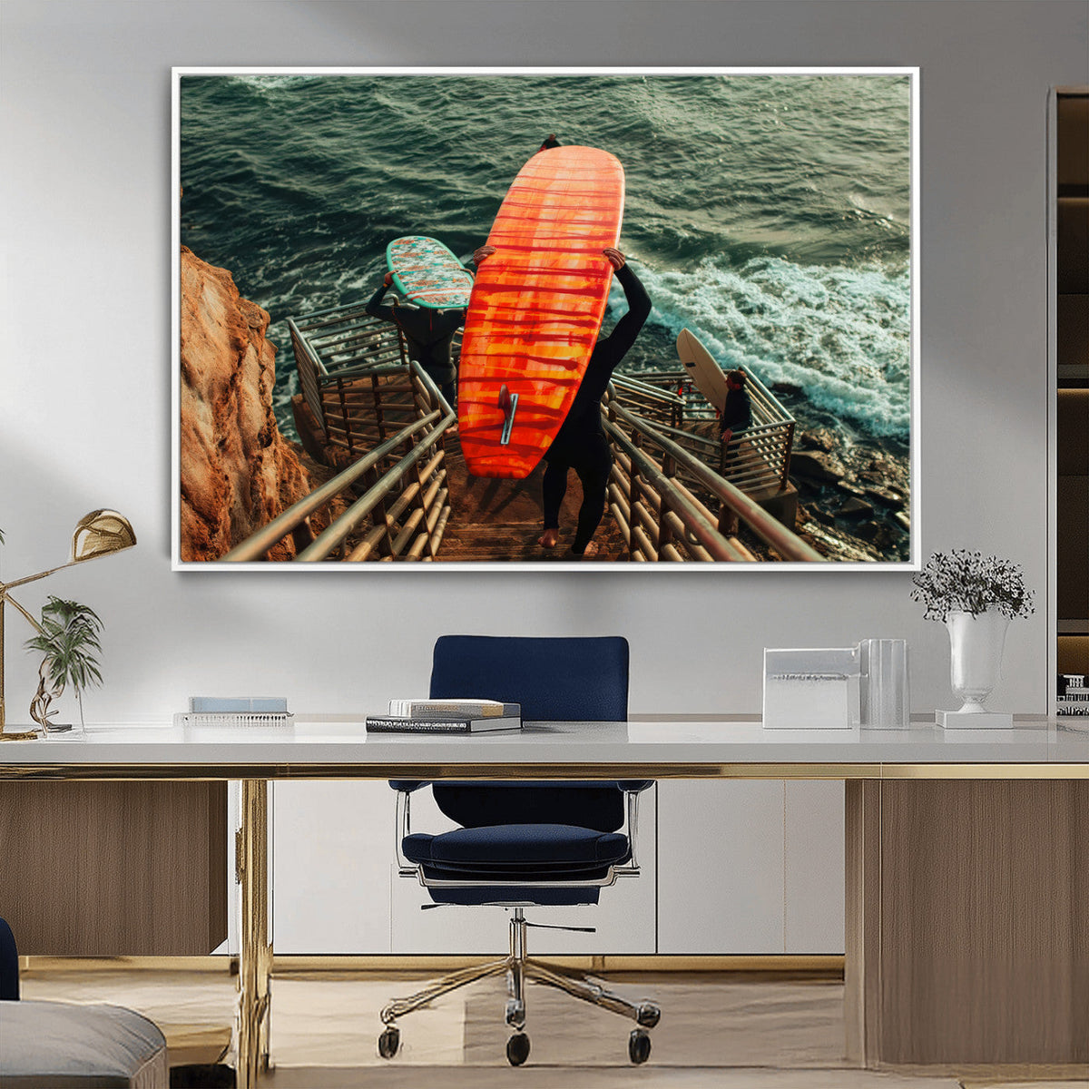 Surfer Stairway Wall Art Canvas Print – Framed Ocean Surf
