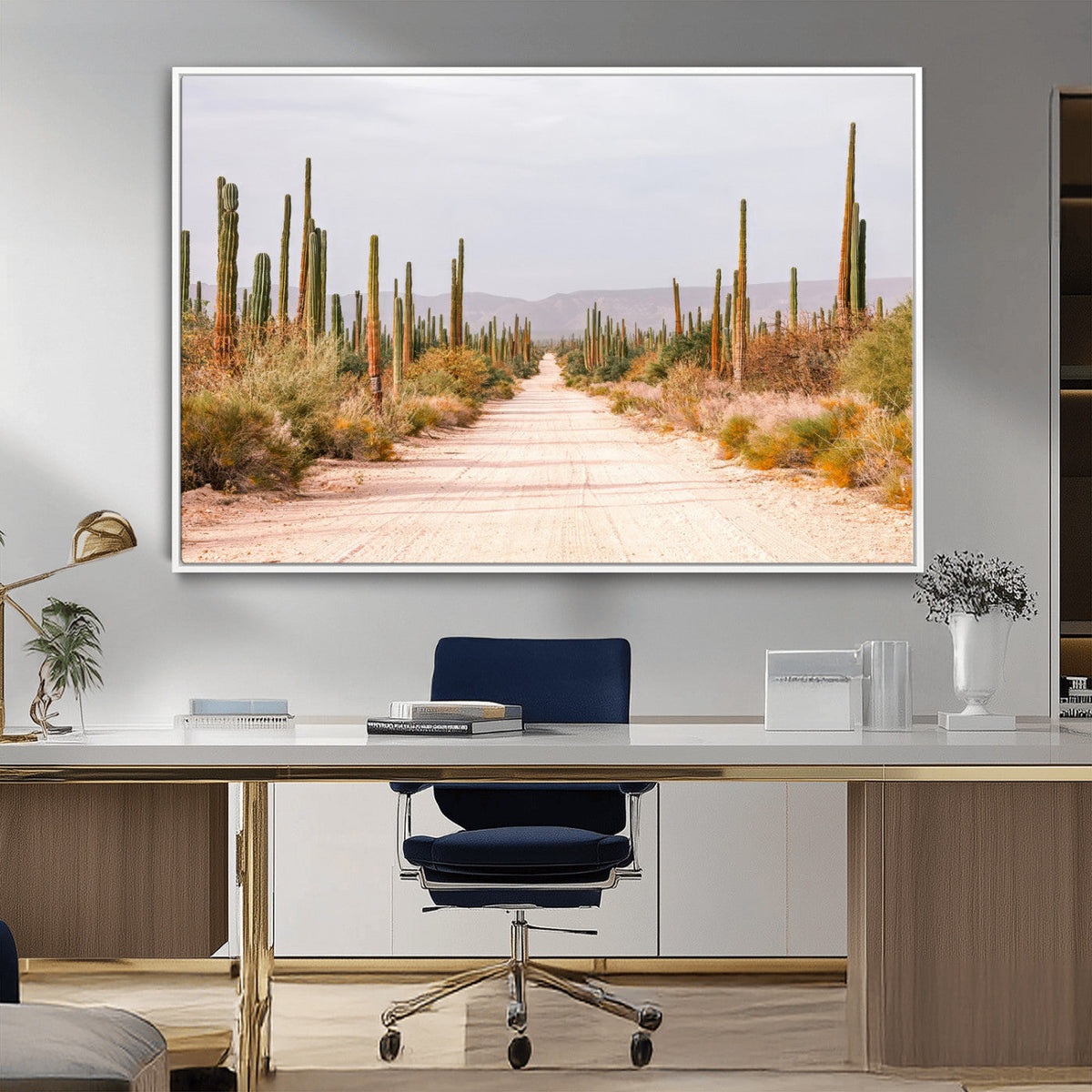 Desert Cactus Lined Road Wall Art Canvas Print – Framed