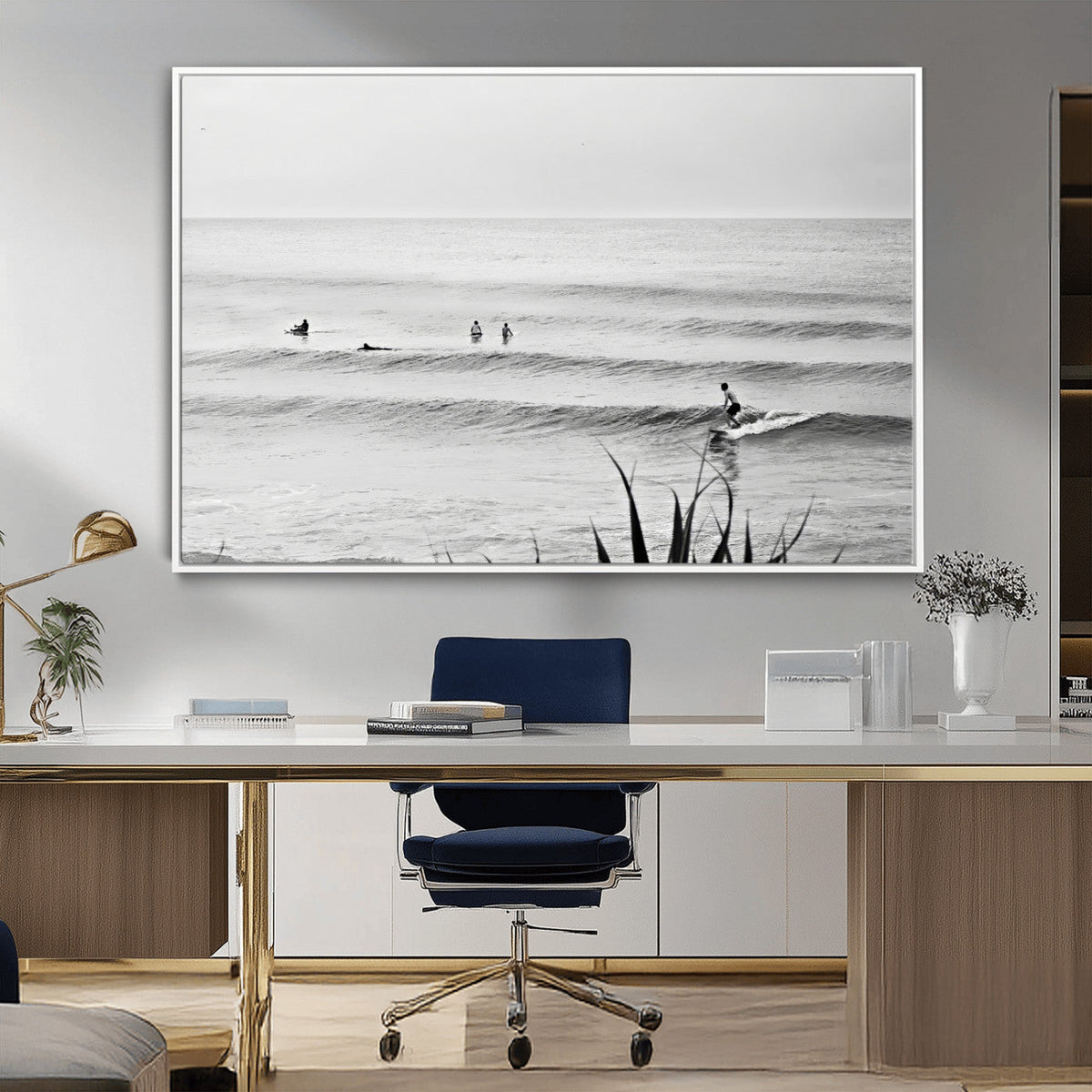 Surfer Silhouette Wall Art – Framed Calm Ocean Monochrome