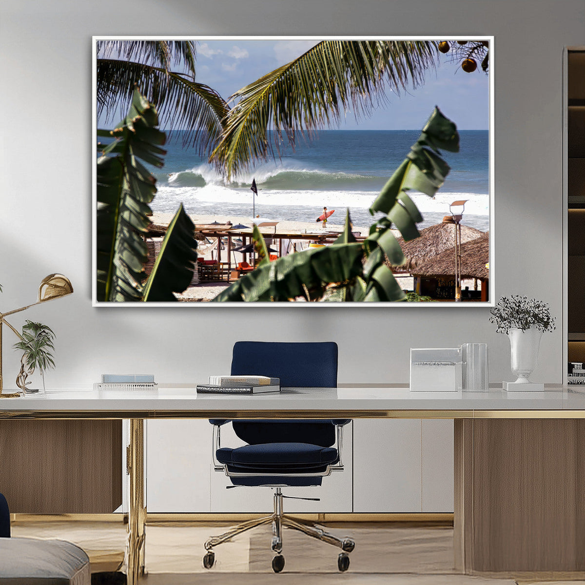 Tropical Shoreline Wall Art Canvas Print – Framed Surfer