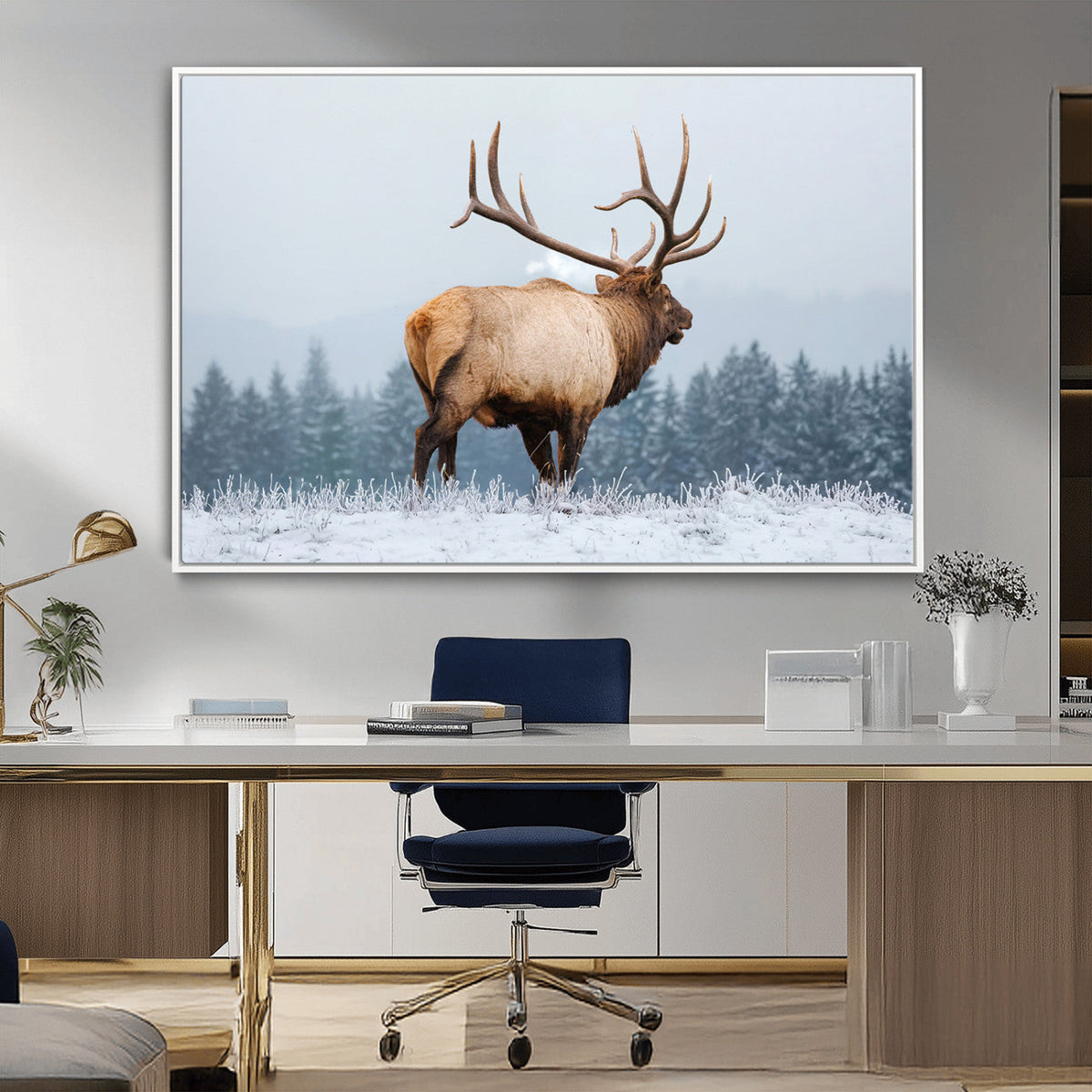 Elk Wall Art Canvas Print – Framed Snowy Forest Scene Art