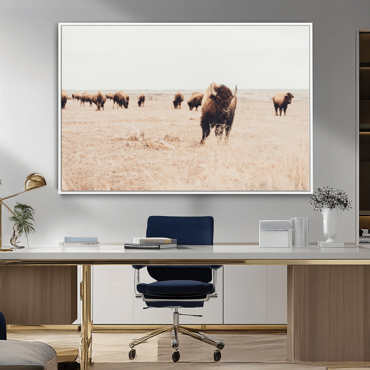 Bison Herd Wall Art Canvas Print, Framed Western Landscape