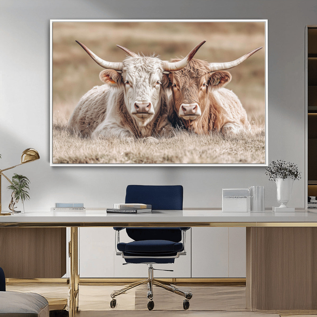 Couple Highland Cows Wall Art Canvas Print – Peaceful Meadow