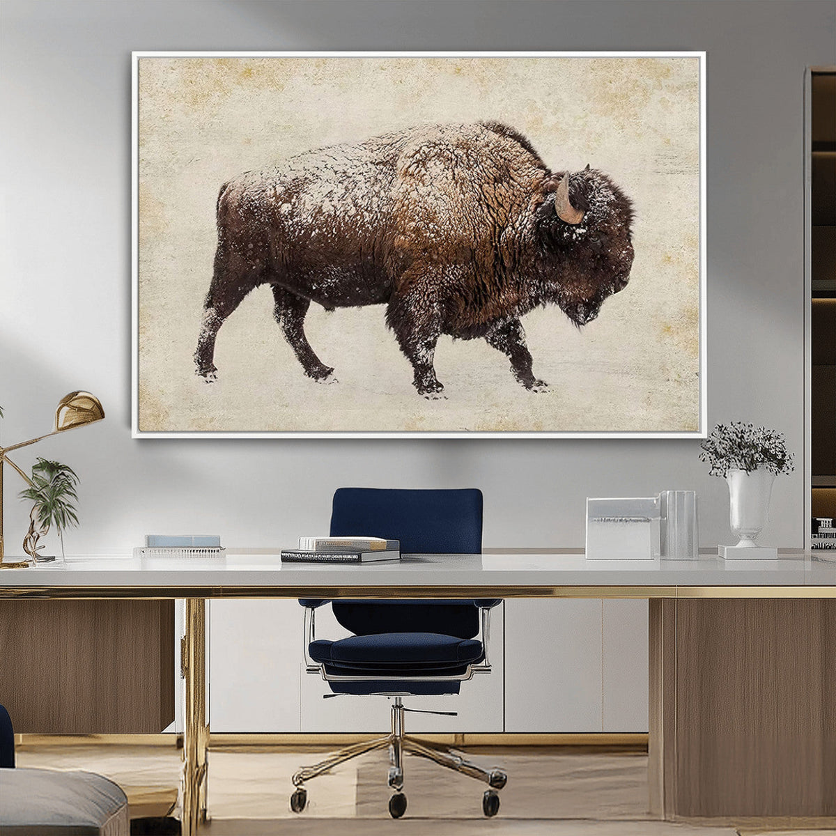 Snow-dusted bison silhouette textured vintage style rugged