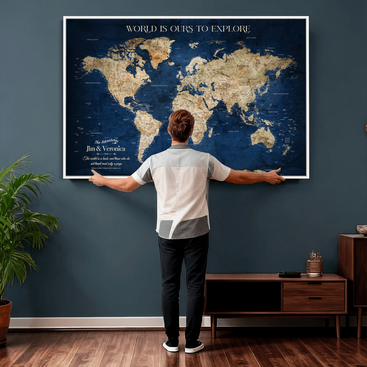 Framed Custom World Map Canvas Print - Deep Blue World Map