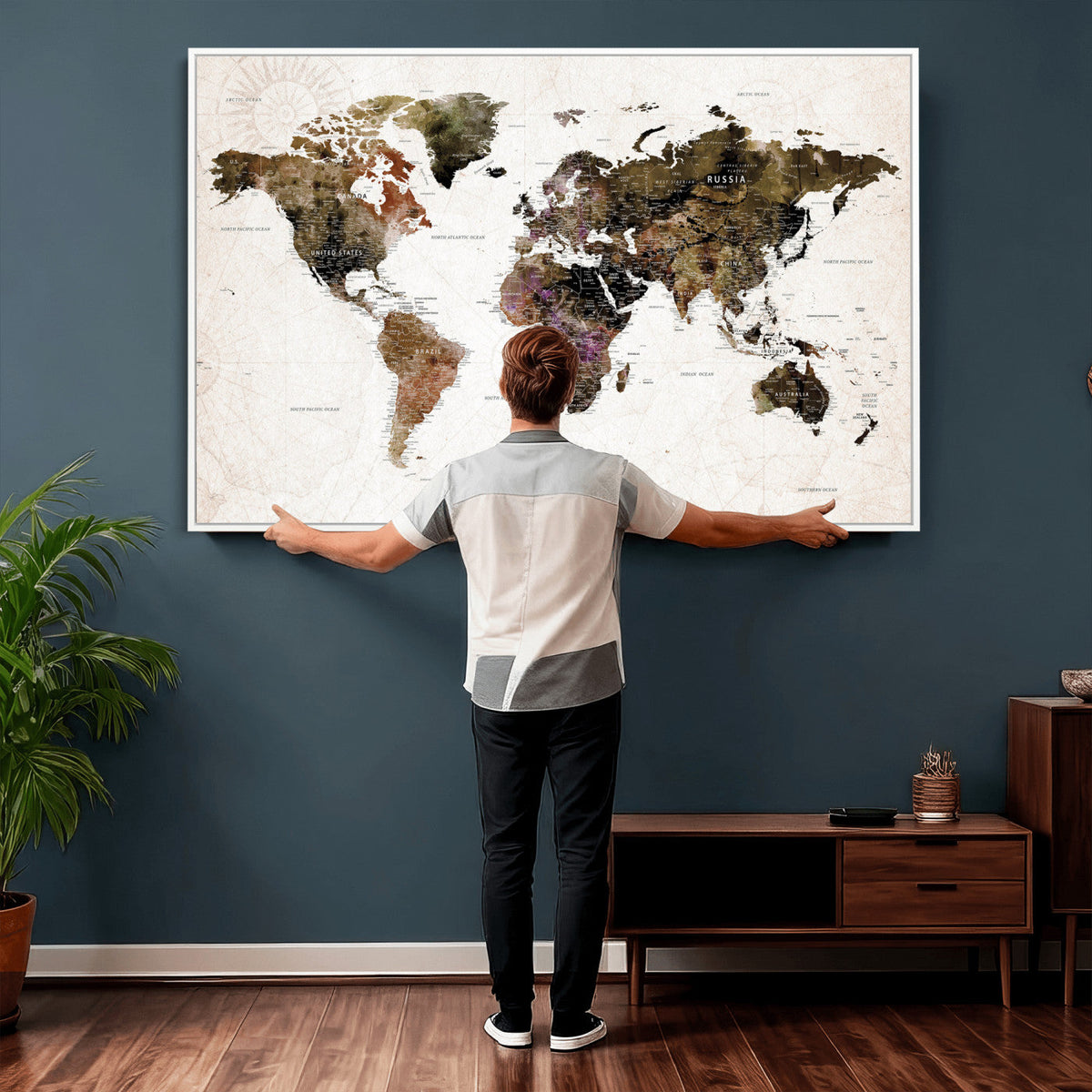 Watercolor World Map Print - Large Wall Art Canvas Print for