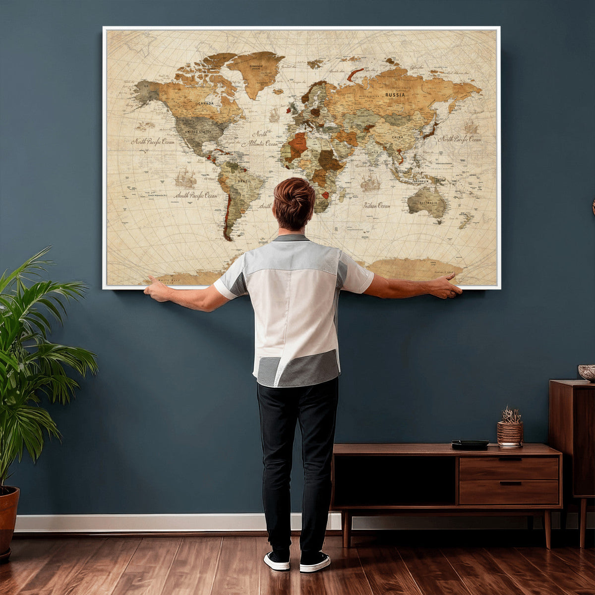 Rustic Vintage World Map Canvas Print – Framed Modern