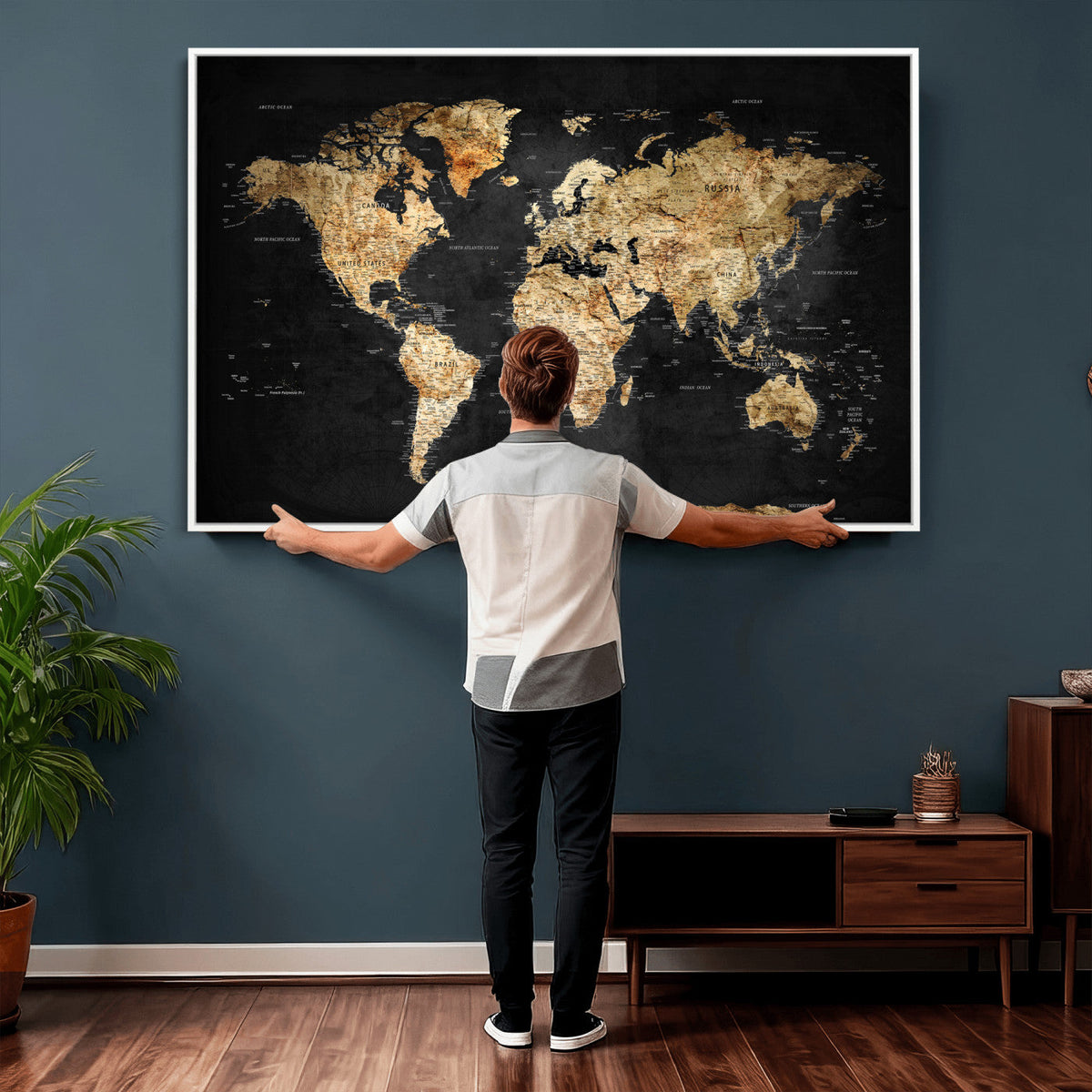 World Map Canvas Wall Art with Famous Landmarks – Framed
