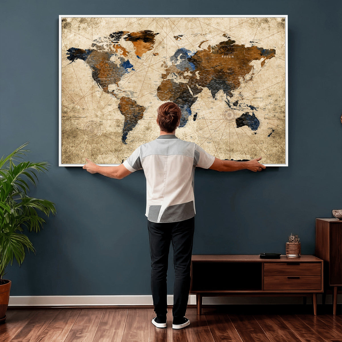 World Map Wall Art Canvas Print, Modern Decorative Framed