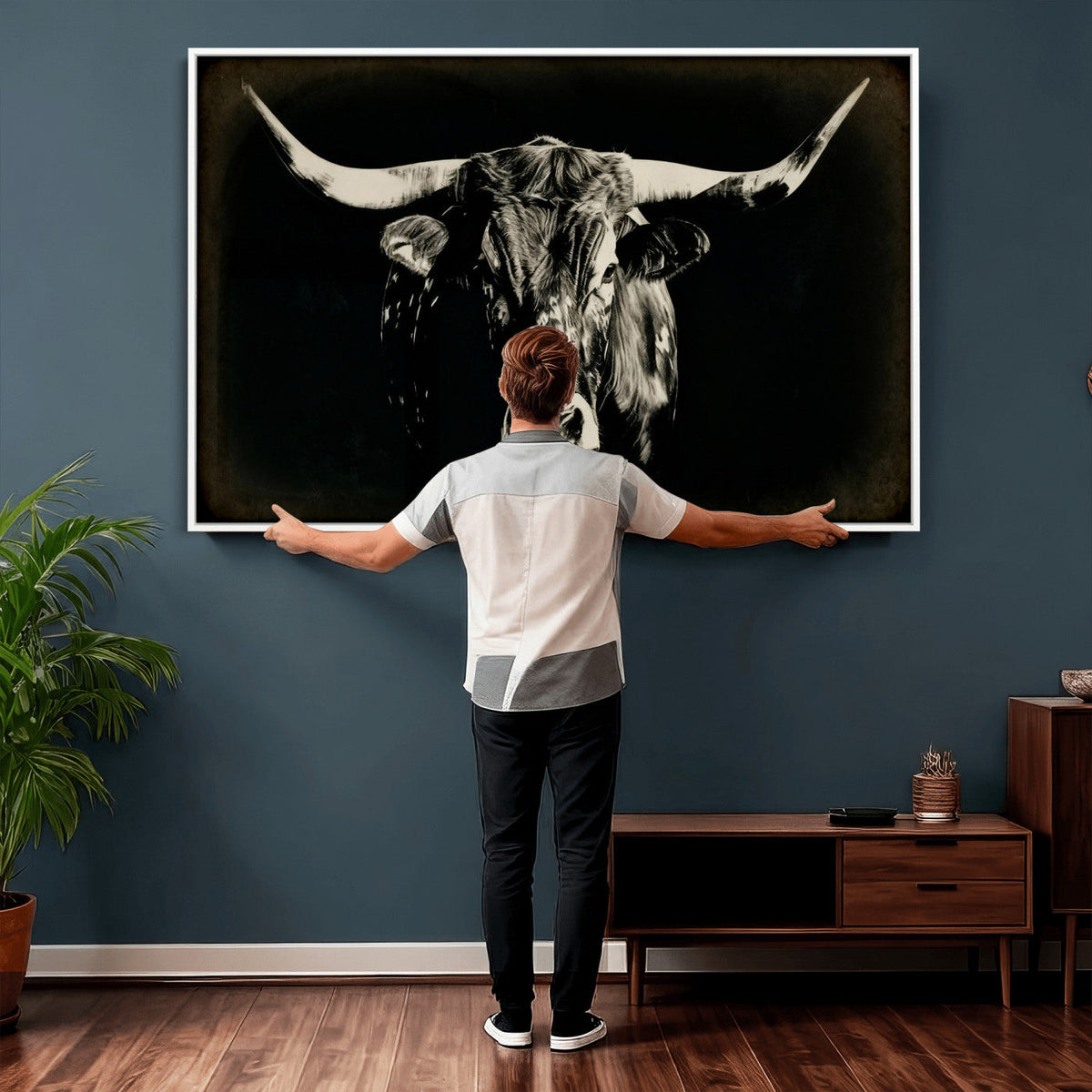 Black Bull Wall Art Canvas Print, Texas Longhorn Portrait