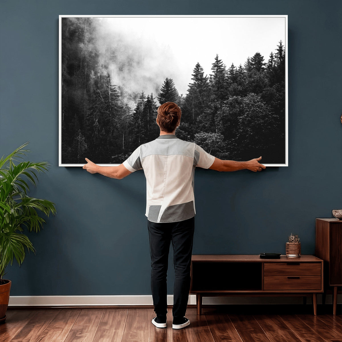Black White Forest Wall Art Canvas Print, Misty Pine Tree