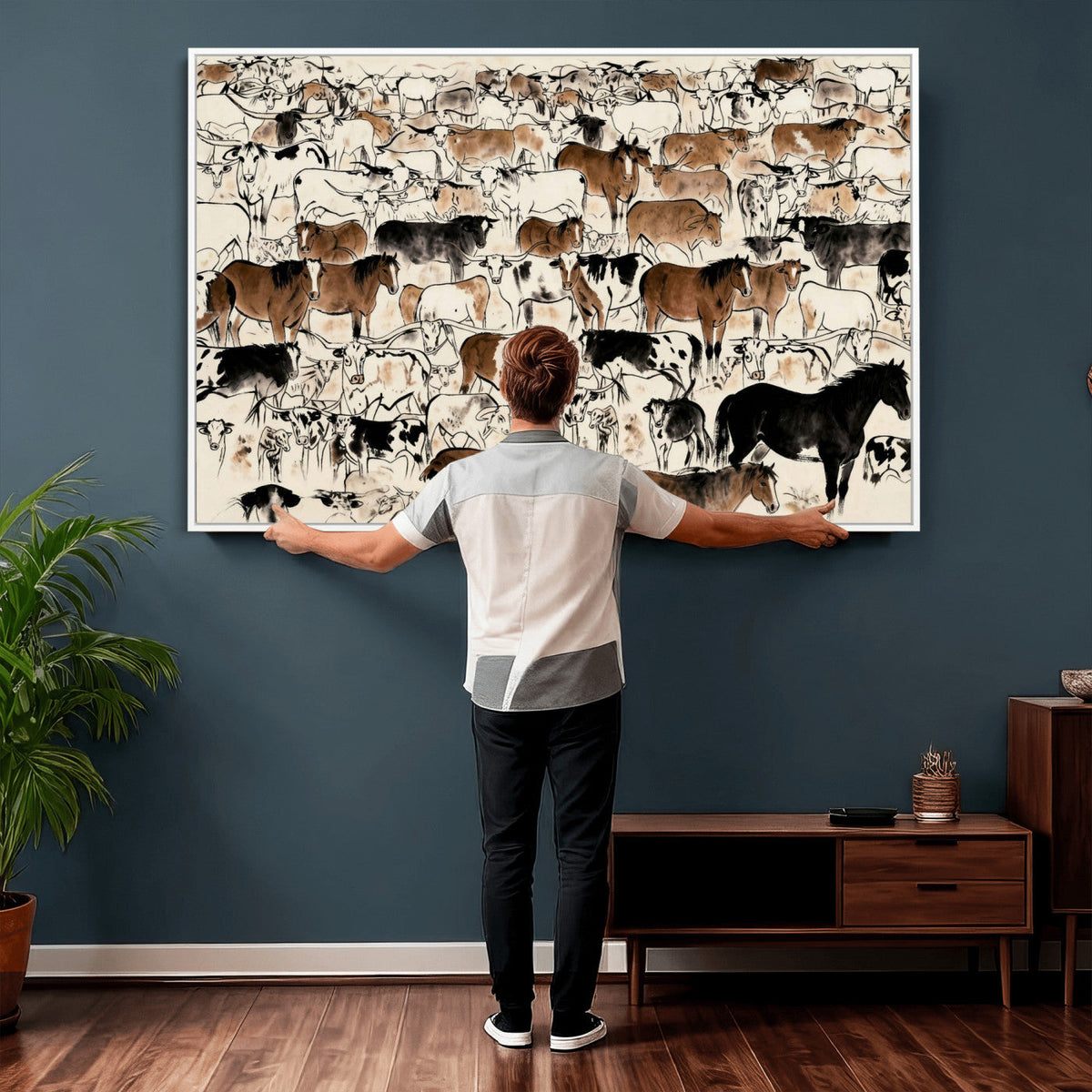 Farmhouse Animals Horse Longhorn Cow Wall Art Canvas Print -