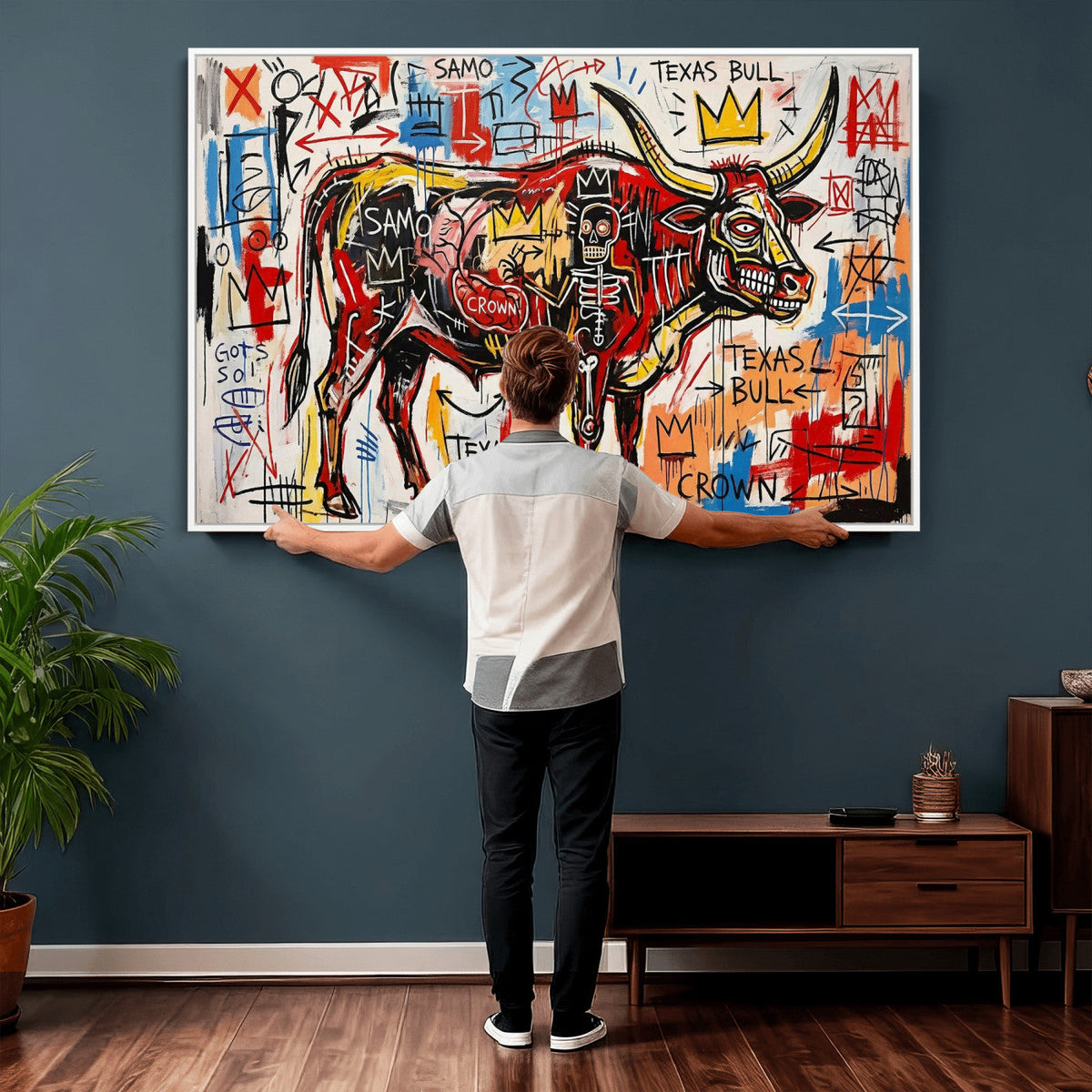 Texas Bull Wall Art Canvas Print, Abstract Graffiti Bull