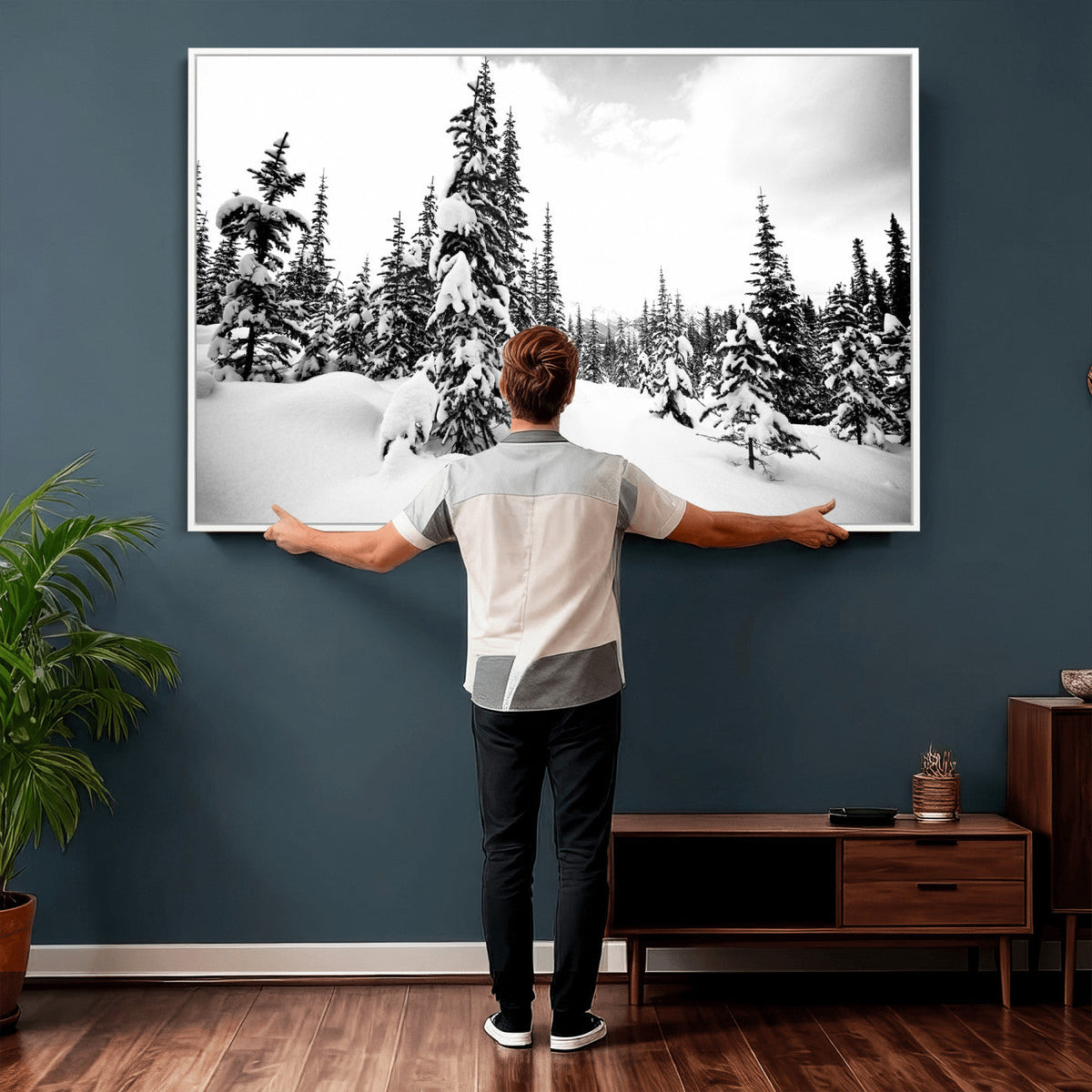 Black and White Snowy Pine Forest Wall Art Canvas Print,