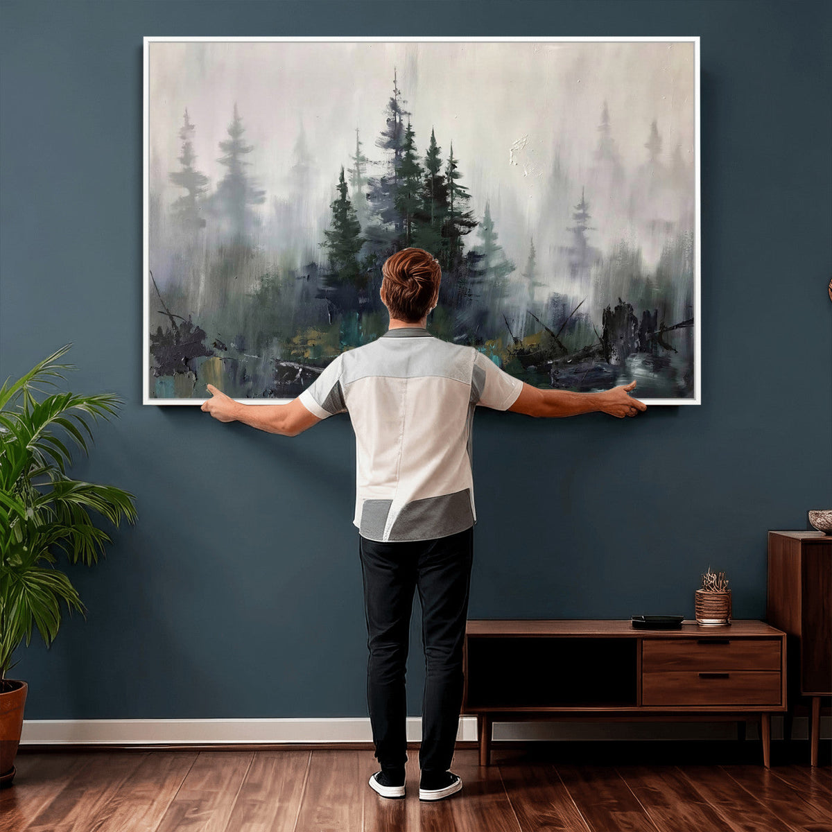 Misty Pine Forest Oil Painting Canvas — Dark Moody Teal Grey
