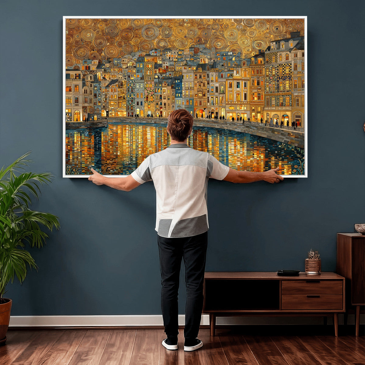Gustav Klimt Golden Cityscape Wall Art Canvas Print, Framed
