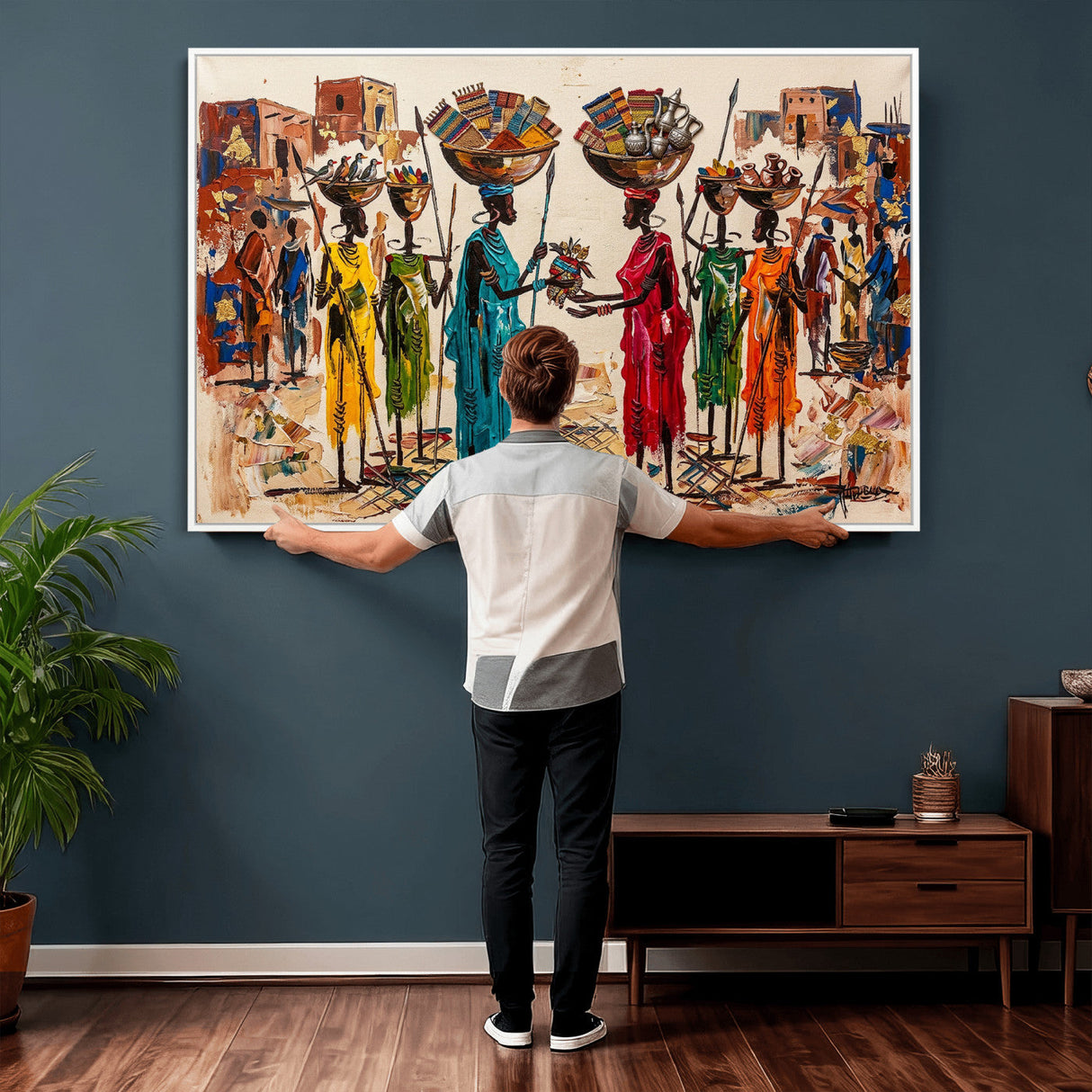 African Folk Art Canvas Wall Art, Colorful African Women Village Painting Print, Tribal Ethnic Home Decor, Vibrant African Art, Living Room