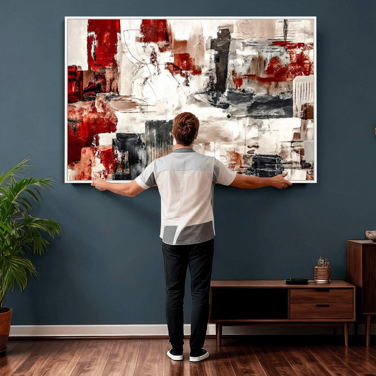 Blue Teal Abstract Canvas Wall Art, Modern Textured Painting Print, Navy Orange White Contemporary Art, Neutral Living Room Decor, Office Art