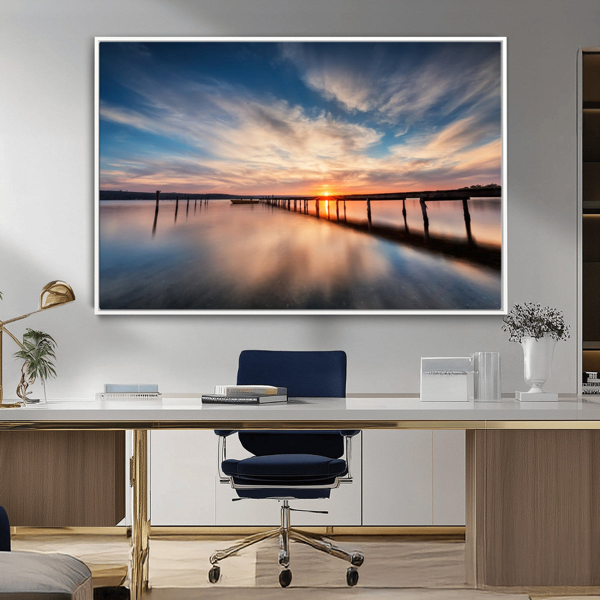 Wooden Pier on Seascape and Sunset Wall Art Canvas Print