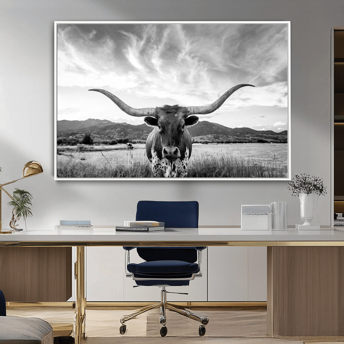 Longhorn Black and White Wall Art – Rustic Western Bull