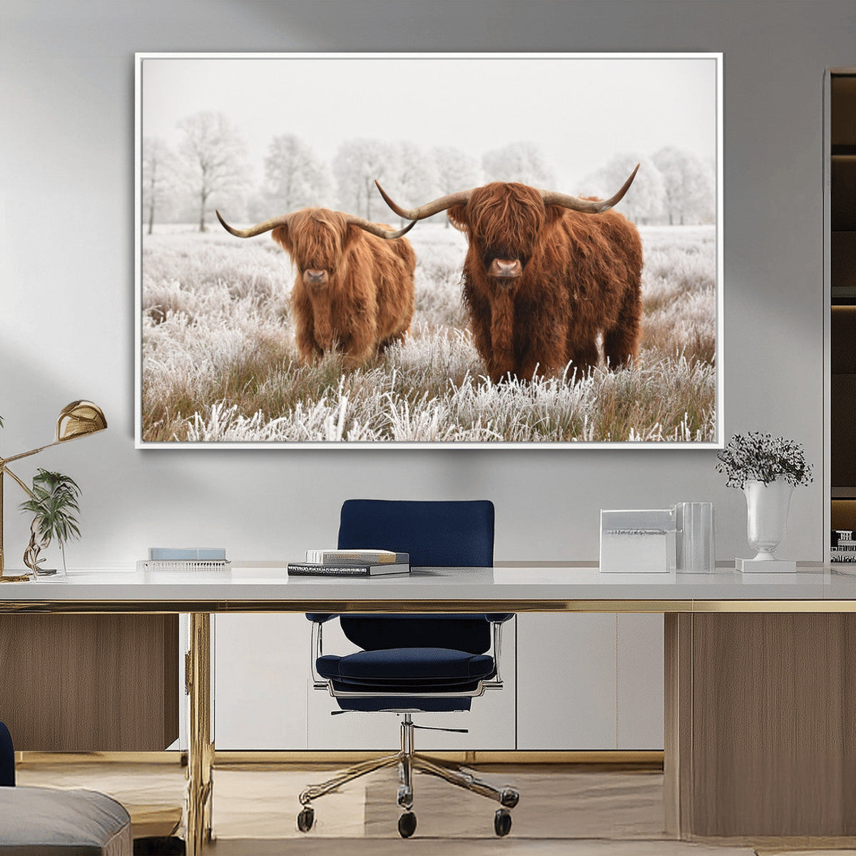 Longhorn Cattle Wall Art Canvas Print, Framed Farmhouse
