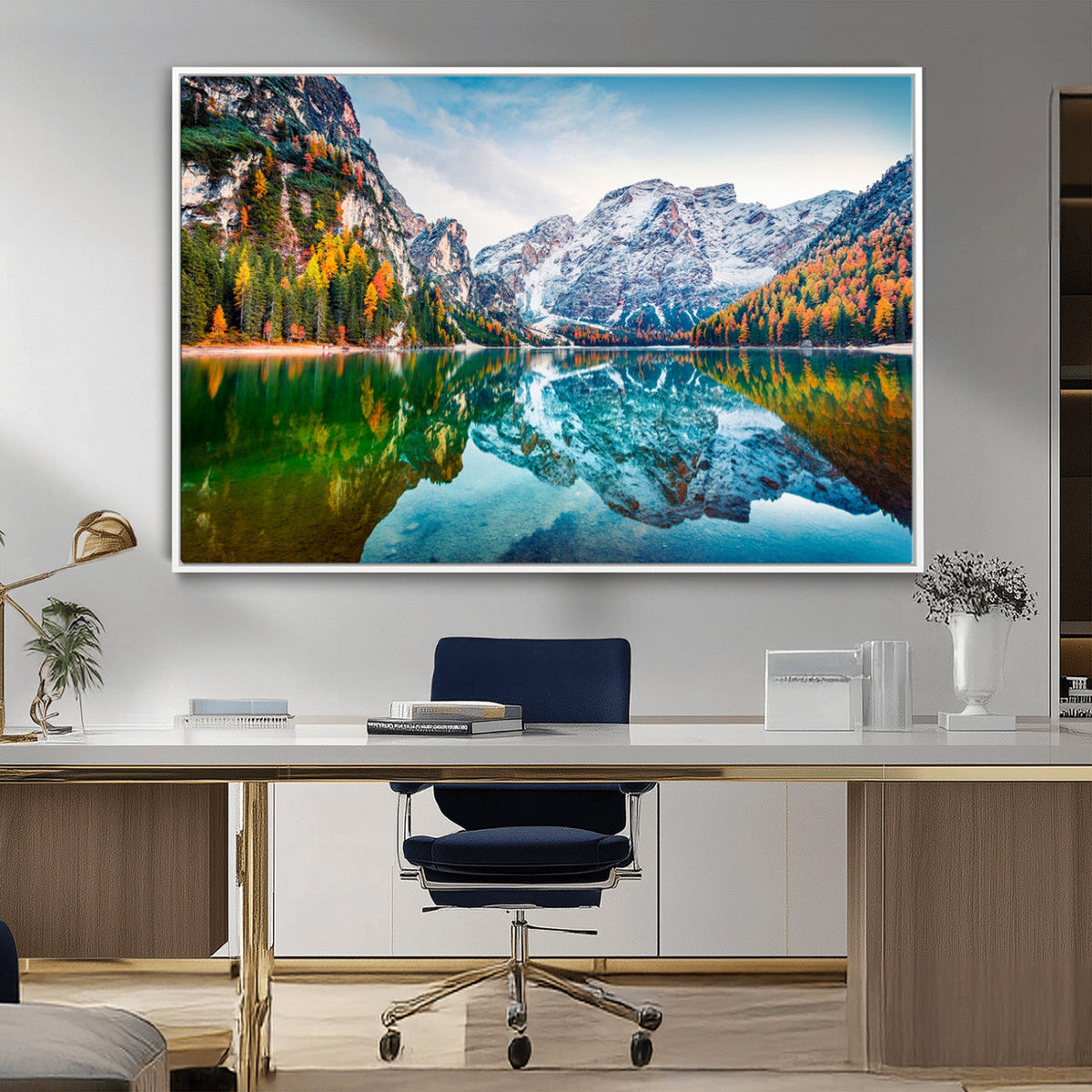 Spectacular autumn view of Braies Lake Wall Art Canvas Print