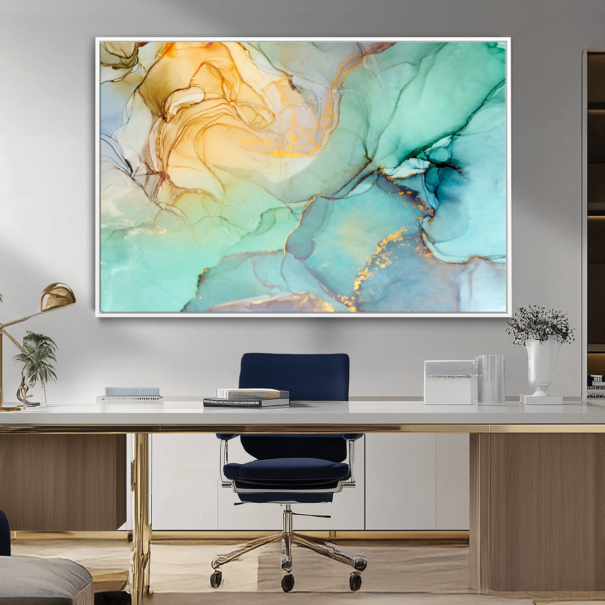 Abstract Aqua and Gold Fluid Wall Art Canvas | 3 Panel Large