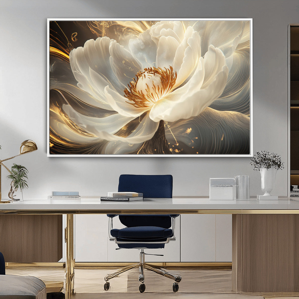 Gold Floral Wall Art Canvas Print, Framed Modern Flower Art
