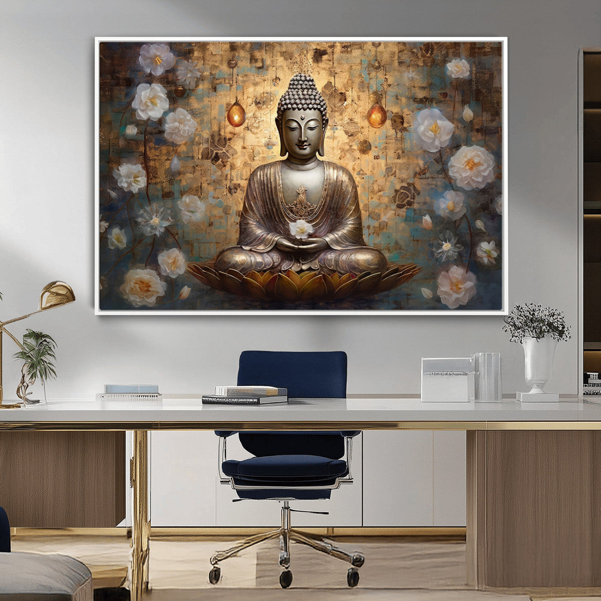 Golden Buddha Wall Art Canvas Print | Zen Meditation Floral