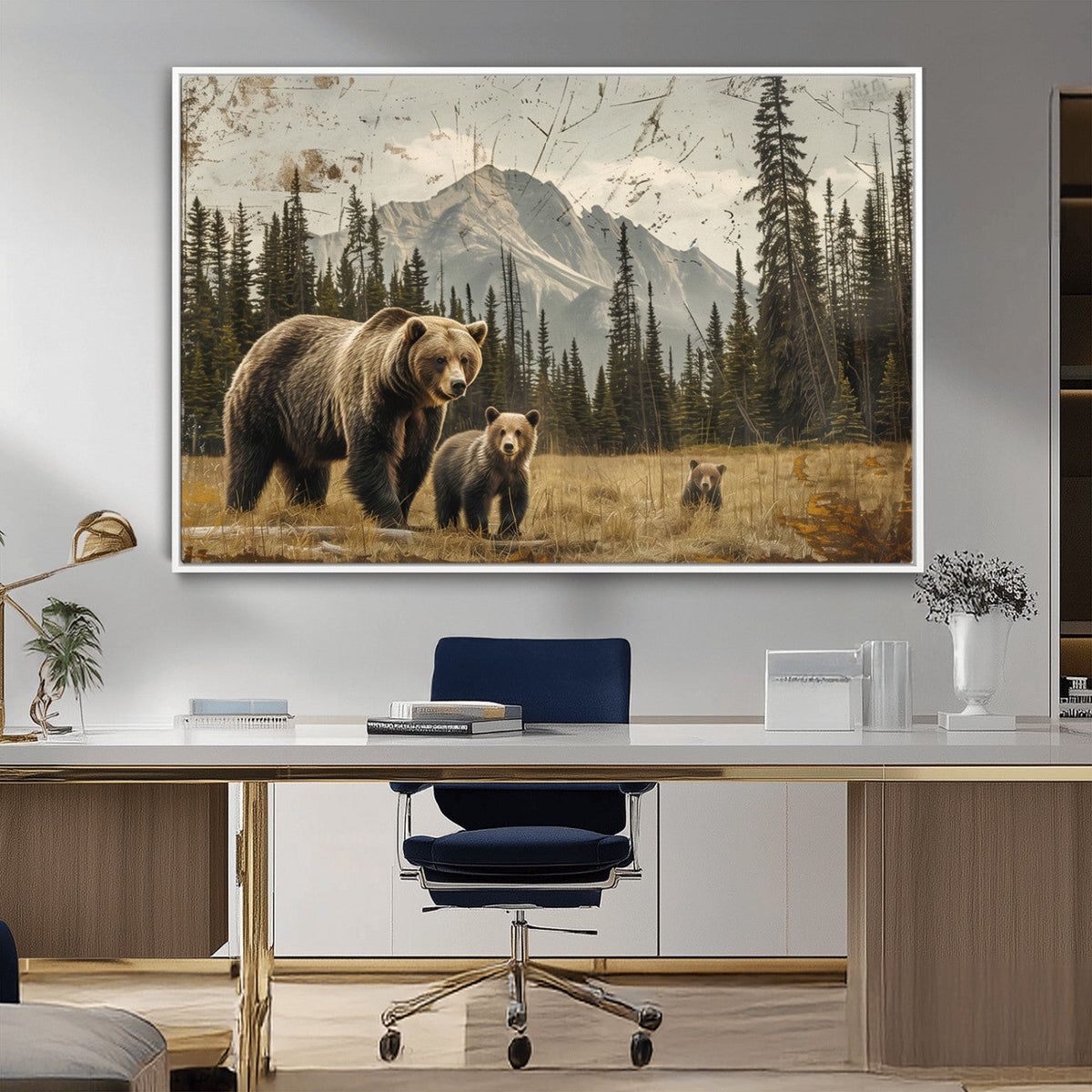 Rustic Grizzly 399 Bear Family Wall Art Canvas Print