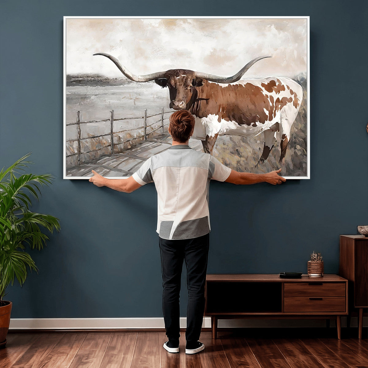 Vintage Texas Cow Wall Art Canvas Print, Rustic Longhorn