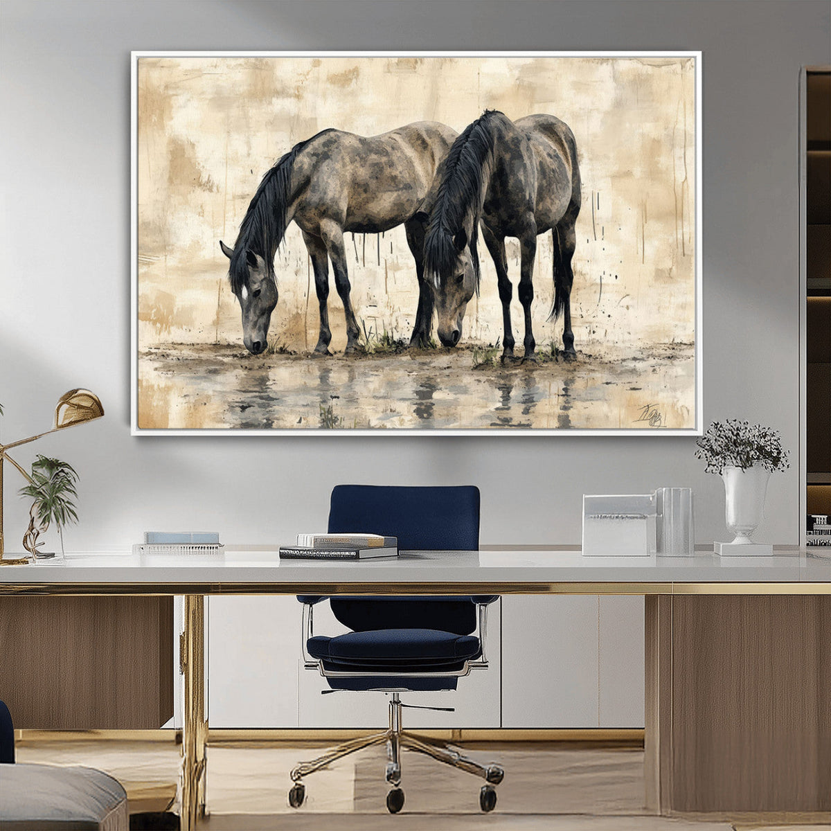 Chinese Style Abstract Black Horses Wall Art Canvas Print -