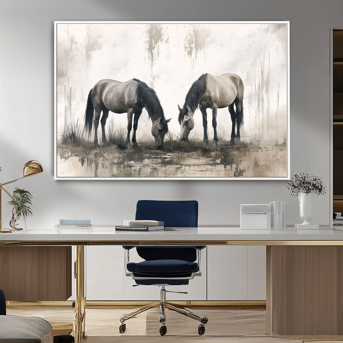 Chines Ink Style Vintage Horses Wall Art Canvas Print for
