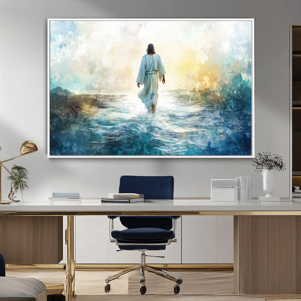 Watercolor Jesus Walking on Water Canvas Print, Christian