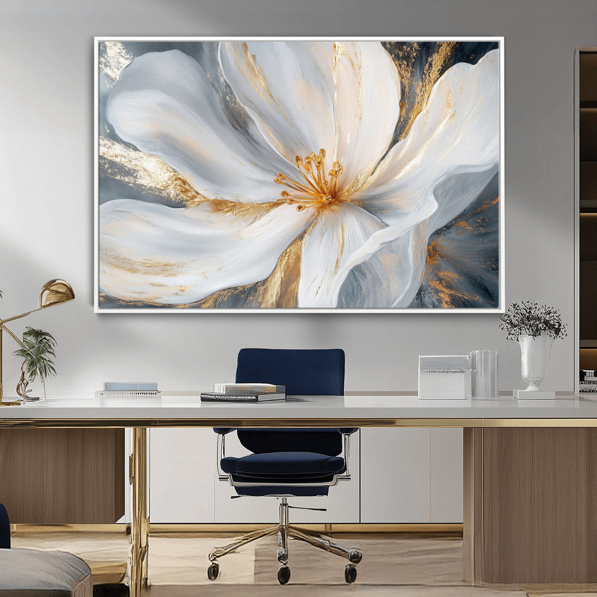 White and Gold Floral Canvas Wall Art - Framed and Ready to