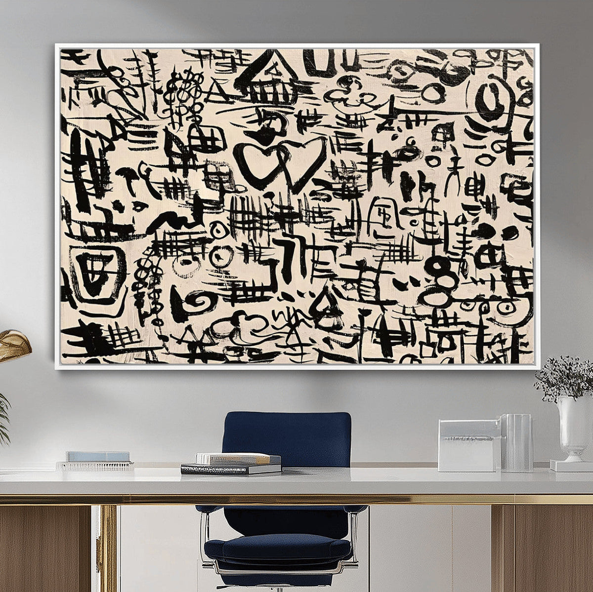 Abstract Love and Chaos Canvas Print, Black Symbols on Beige