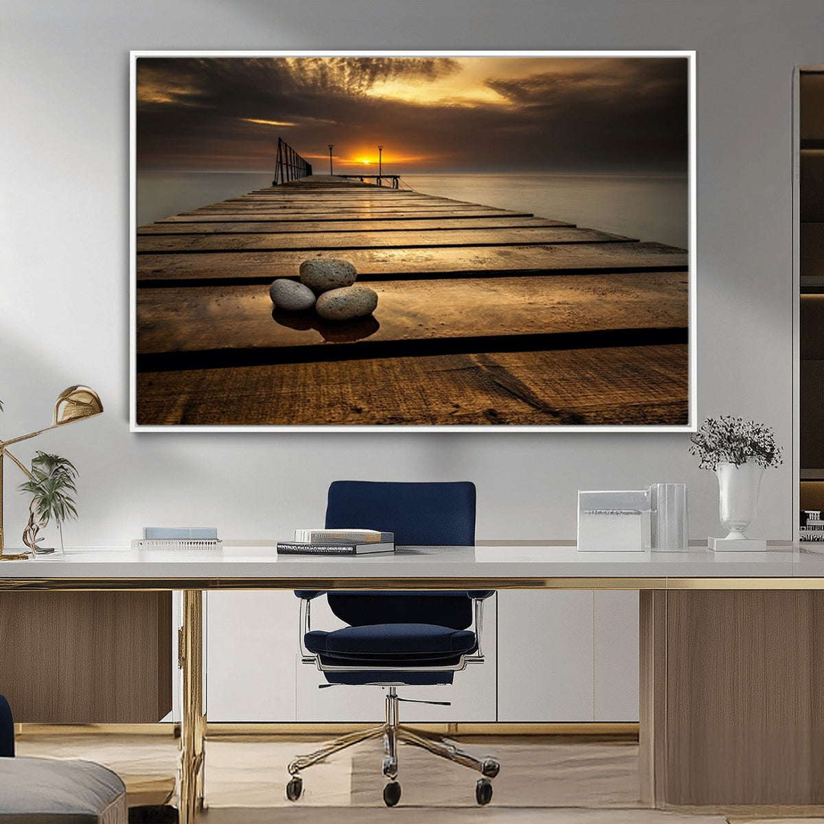 Stones on Wooden Pier at Sunset Canvas Print, Serene Coastal